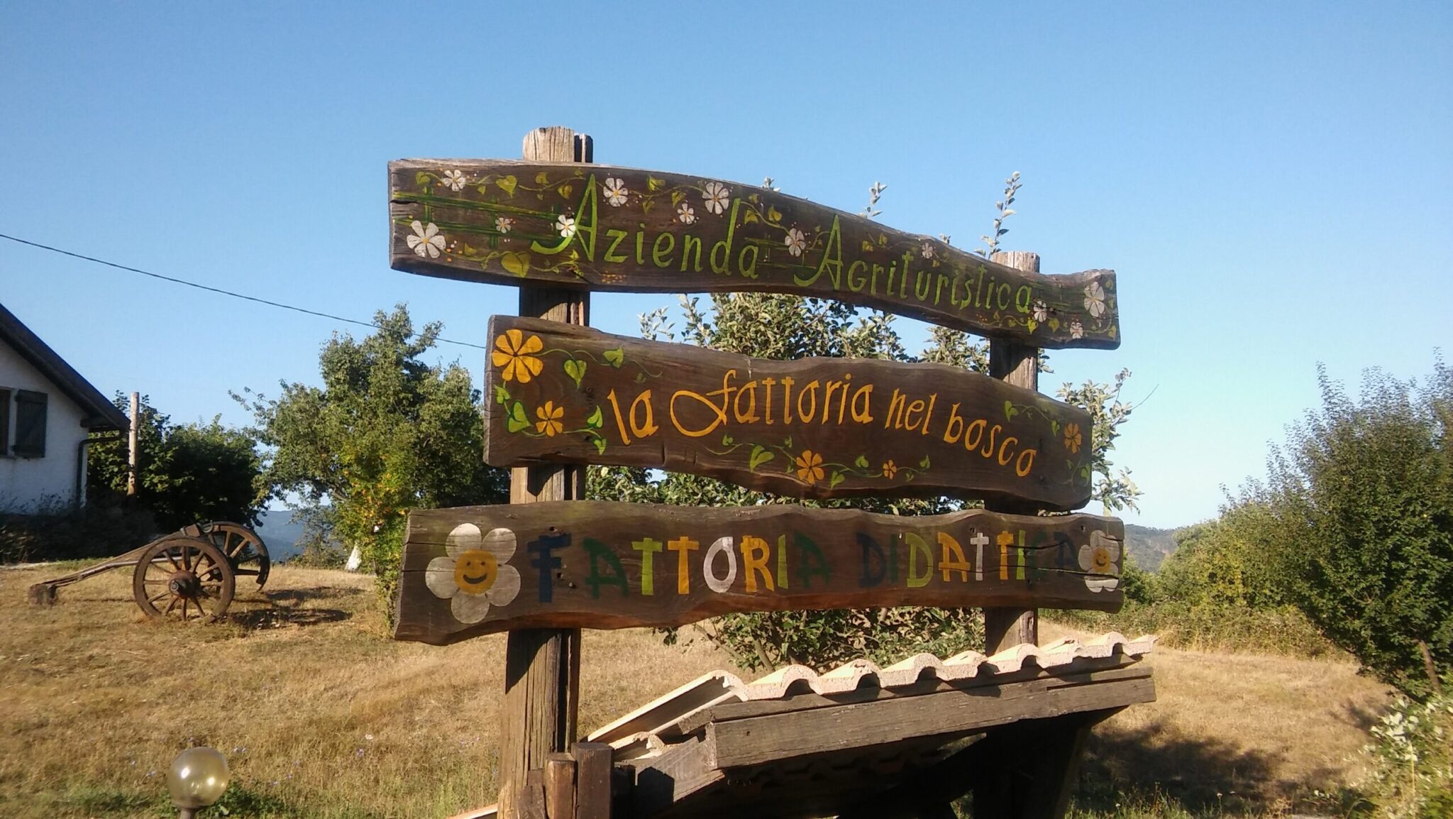 vista esterna delle insegne a tiglieto la fattoria nel bosco ristorante immerso nel verde ideale per famiglie