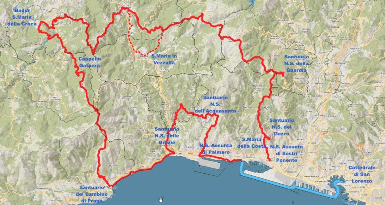 Tappe del Cammino dei Santuari del Mare da Sestri Ponente a Genova, passando per Santuario della Guardia, Campo Ligure, Masone, Tiglieto, Arenzano e Acquasanta.